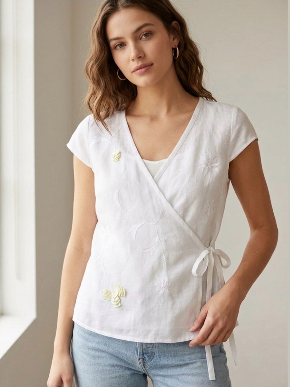 White Embroidered Wrap Tie Blouse/E128